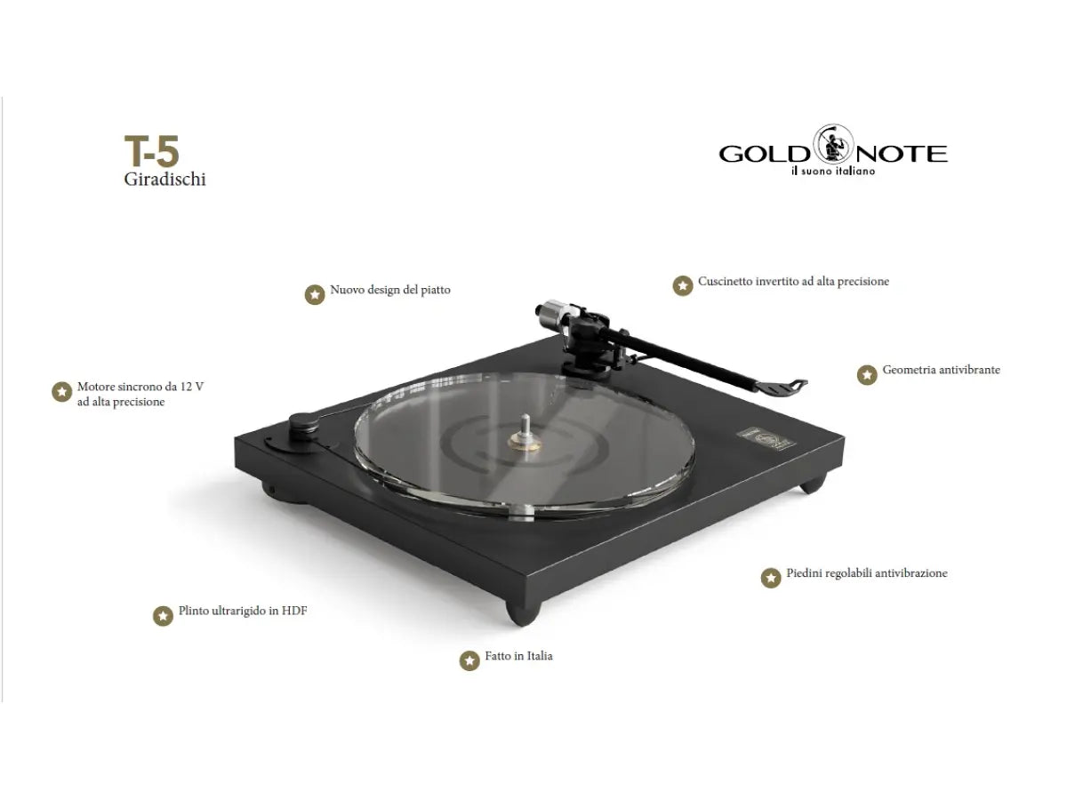 Gold Note T-5 giradischi con trazione a cinghi, piatto in vetro Ultra-Clear e braccio B-5.2