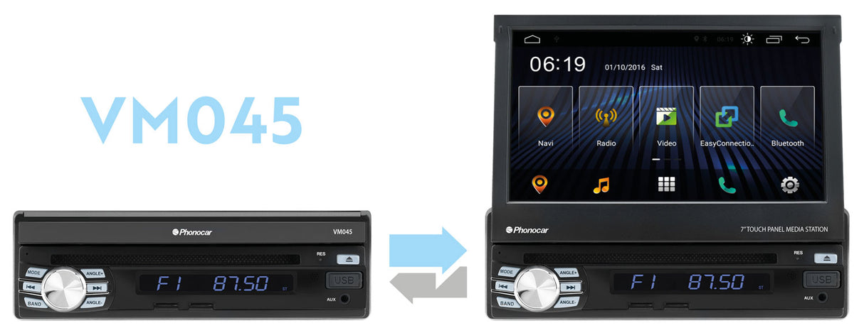 Phonocar VM045K autoradio 1 DIN mappa CAMPER Android 10.0 pollici DAB+ con Monitor TFT 7" Motorizzato a scomparsa, lettore CD/DVD/USB/Micro SD - TechSoundSystem.com
