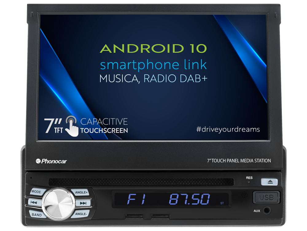 Phonocar VM045K autoradio 1 DIN mappa CAMPER Android 10.0 pollici DAB+ con Monitor TFT 7" Motorizzato a scomparsa, lettore CD/DVD/USB/Micro SD - TechSoundSystem.com