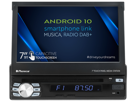 Phonocar VM045K autoradio 1 DIN mappa CAMPER Android 10.0 pollici DAB+ con Monitor TFT 7" Motorizzato a scomparsa, lettore CD/DVD/USB/Micro SD - TechSoundSystem.com