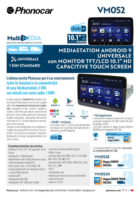 Phonocar VM052E Mediastation 1 DIN con monitor 10.1" HD, Android 9.0, Bluetooth GPS e mappe - TechSoundSystem.com