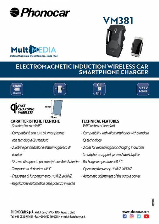 Phonocar 05701 Caricabatterie wireless con supporto per smartphone - TechSoundSystem.com