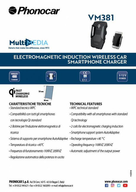 Phonocar 05701 Caricabatterie wireless con supporto per smartphone - TechSoundSystem.com
