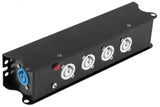 POWER-BOX NERO CIABATTA ALIMENTAZIONE PALCO POWERCON SPIA RETE INGRESSO POWER TWIST IN BLU USCITE 4 20AMP POWER TWIST OUT GRIGIO LOOP 20A POWER-OUT GREY - TechSoundSystem.com