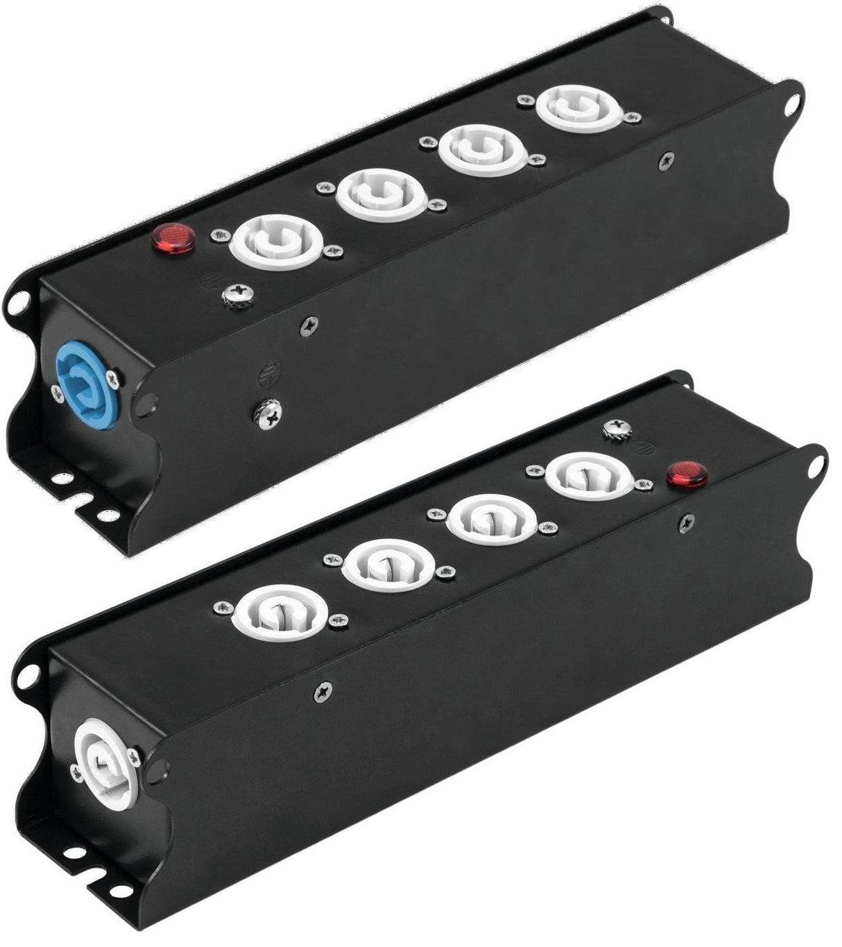 POWER-BOX NERO CIABATTA ALIMENTAZIONE PALCO POWERCON SPIA RETE INGRESSO POWER TWIST IN BLU USCITE 4 20AMP POWER TWIST OUT GRIGIO LOOP 20A POWER-OUT GREY - TechSoundSystem.com