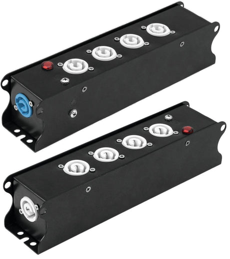 POWER-BOX NERO CIABATTA ALIMENTAZIONE PALCO POWERCON SPIA RETE INGRESSO POWER TWIST IN BLU USCITE 4 20AMP POWER TWIST OUT GRIGIO LOOP 20A POWER-OUT GREY - TechSoundSystem.com