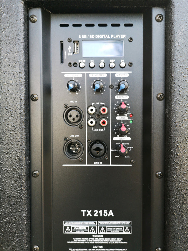 EXTREME TX215A COPPIA CASSE ATTIVE 2 VIE 500 WATT CLASSE D WOOFER 15" + LETTORE USB SD MP3 BLUETOOTH + CHASSIS IN MULTISTRATO ULTIMA COPPIA ESPOSTA - TechSoundSystem.com