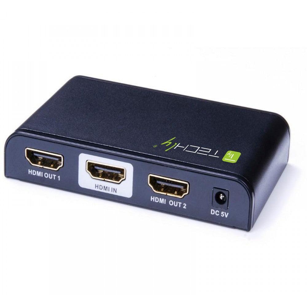 TECHLY SPLITTER HDMI 4K UHD 3D 2 VIE IN METALLO CON ALIMENTATORE - TechSoundSystem.com