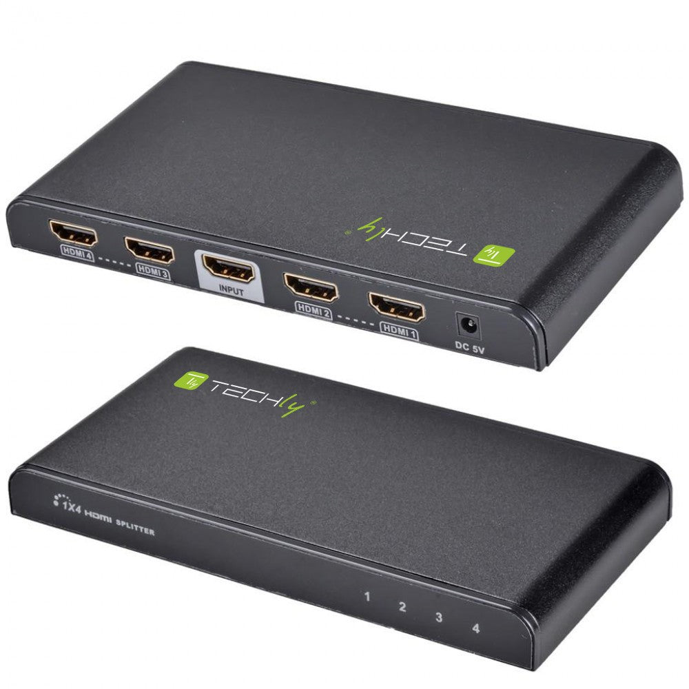 TECHLY SPLITTER HDMI 4K UHD 3D 4 VIE IN METALLO CON ALIMENTATORE - TechSoundSystem.com