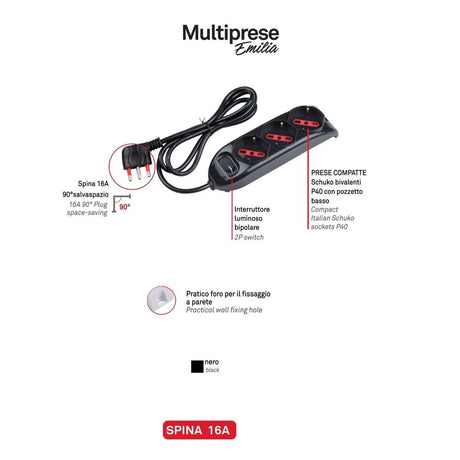 ROSI EMILIA RS94002 MULTIPRESA 3 USCITE SCHUKO+10A+16A INTERRUTTORE LUMINOSO CAVO 1.5MT - TechSoundSystem.com