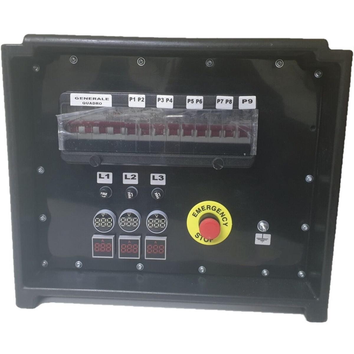 QUADRO CORRENTE POWERBOX SPINA 32A PENTAPOLARE TRIFASE 9 PRESE CEE 16A MONOFASE 3 SPIE VOLTOMETRO AMPEROMETRO EMERGENZA - TechSoundSystem.com