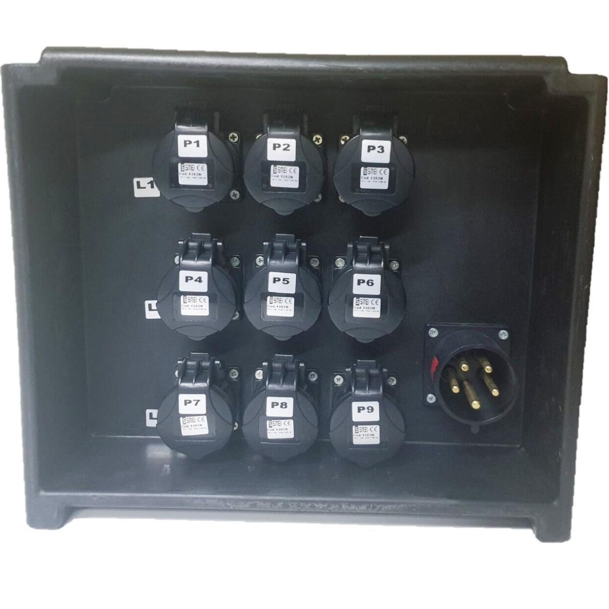 QUADRO CORRENTE POWERBOX SPINA 32A PENTAPOLARE TRIFASE 9 PRESE CEE 16A MONOFASE 3 SPIE VOLTOMETRO AMPEROMETRO EMERGENZA - TechSoundSystem.com