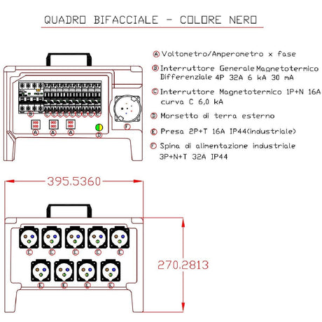 QUADRO CORRENTE POWERBOX TARTARUGA SPINA 32A PENTAPOLARE TRIFASE 9 PRESE CEE 16A MONOFASE 3 SPIE VOLTOMETRO AMPEROMETRO - TechSoundSystem.com