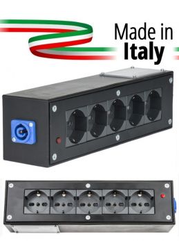 POWER-BOX NERO CIABATTA ALIMENTAZIONE PALCO MADE IN ITALY SPIA RETE INGRESSO NEUTRIK POWERCON BLU 20A 3P POWER-IN USCITE 5 SCHUKO - 1 - Techsoundsystem.com