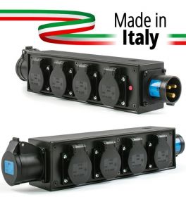 POWER-BOX NERO CIABATTA ALIMENTAZIONE PALCO MADE IN ITALY SPIA RETE INGRESSO SPINA 16A 3P 4-USCITE SHUKO 16AMP 3P IP54 E PRESA LOOP OUT 16A - 1 - Techsoundsystem.com