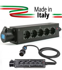 POWER-BOX NERO CIABATTA ALIMENTAZIONE PALCO MADE IN ITALY SPIA RETE INGRESSO SPINA VOLANTE 16A 3P 5-USCITE SHUKO E PRESA LOOP OUT 16A - 1 - Techsoundsystem.com