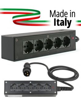 POWER-BOX NERO CIABATTA ALIMENTAZIONE PALCO MADE IN ITALY SPIA RETE INGRESSO SPINA VOLANTE PCE 16A 3P+N+T USCITE 5 X SCHUKO 16A 3P IP2X - 1 - Techsoundsystem.com