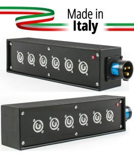 POWER-BOX NERO CIABATTA ALIMENTAZIONE PALCO POWERCON MADE IN ITALY SPIA RETE INGRESSO 16A 3P USCITE 6 20AMP POWER-OUT GREY - 1 - Techsoundsystem.com
