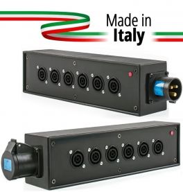 POWER-BOX NERO CIABATTA ALIMENTAZIONE PALCO POWERCON MADE IN ITALY SPIA RETE INGRESSO 16A 3P USCITE 6 POWERCON TRUE1 16A LOOP 16A 3P - 1 - Techsoundsystem.com