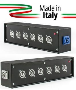 POWER-BOX NERO CIABATTA ALIMENTAZIONE PALCO POWERCON MADE IN ITALY SPIA RETE INGRESSO 16A 3P USCITE 6 20AMP POWER-OUT GREY LOOP 20A POWER-OUT - 1 - Techsoundsystem.com
