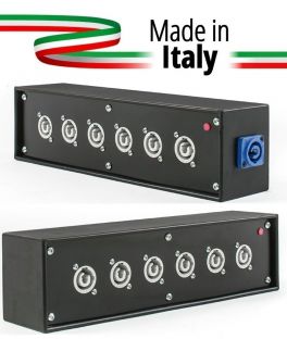 POWER-BOX NERO CIABATTA ALIMENTAZIONE PALCO POWERCON MADE IN ITALY SPIA RETE INGRESSO 20A NEUTRIK POWER-IN BLUE 6 20AMP POWER-OUT GREY - 1 - Techsoundsystem.com