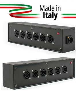 POWER-BOX NERO CIABATTA ALIMENTAZIONE PALCO POWERCON MADE IN ITALY SPIA RETE INGRESSO POWERCON TRUE1 16A USCITE 6 TRUE1 16A - 1 - Techsoundsystem.com