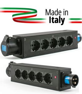 POWER-BOX NERO CIABATTA ALIMENTAZIONE PALCO MADE IN ITALY SPIA RETE INGRESSO SPINA 16A 3P 5-USCITE SHUKO E PRESA LOOP OUT 16A - 1 - Techsoundsystem.com